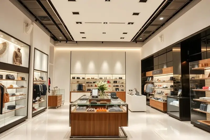 Intérieur de boutique moderne avec sol propre et vitrines impeccables