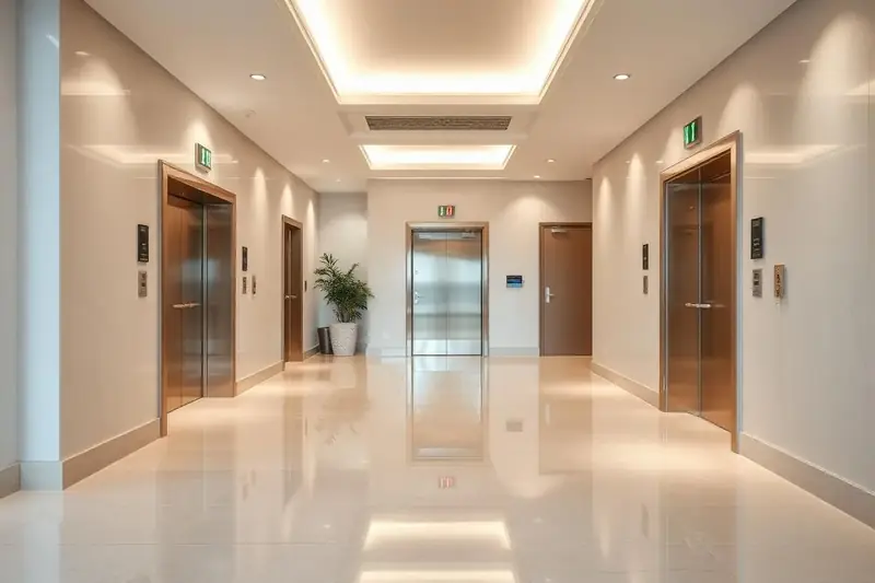 Hall d'immeuble propre avec escalier et parties communes bien entretenues