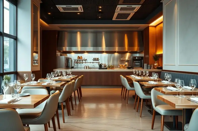 Intérieur de restaurant élégant avec tables propres prêtes pour le service