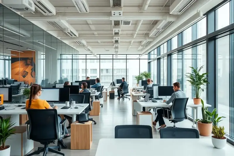Bureau moderne de startup avec open space et espaces collaboratifs